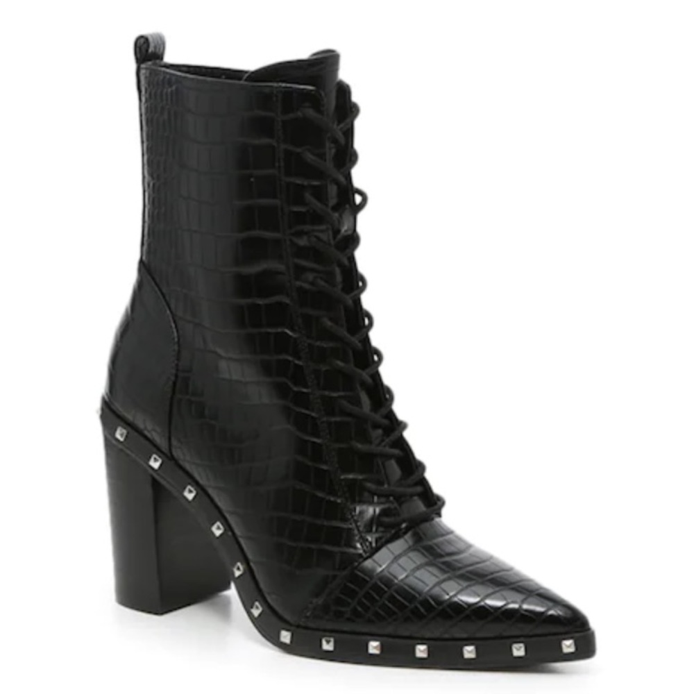 Charles David Black Studded Reptile Print Heeled Duffy‎ Boots Sz. 9